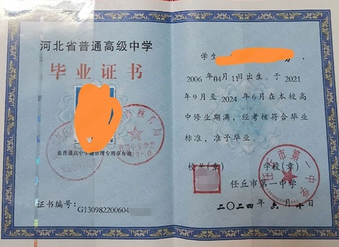 闵行任丘市第一中学高中毕业证样本图片