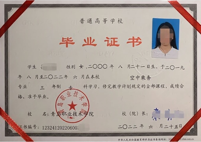 闵行青岛职业技术学院毕业证样本图片